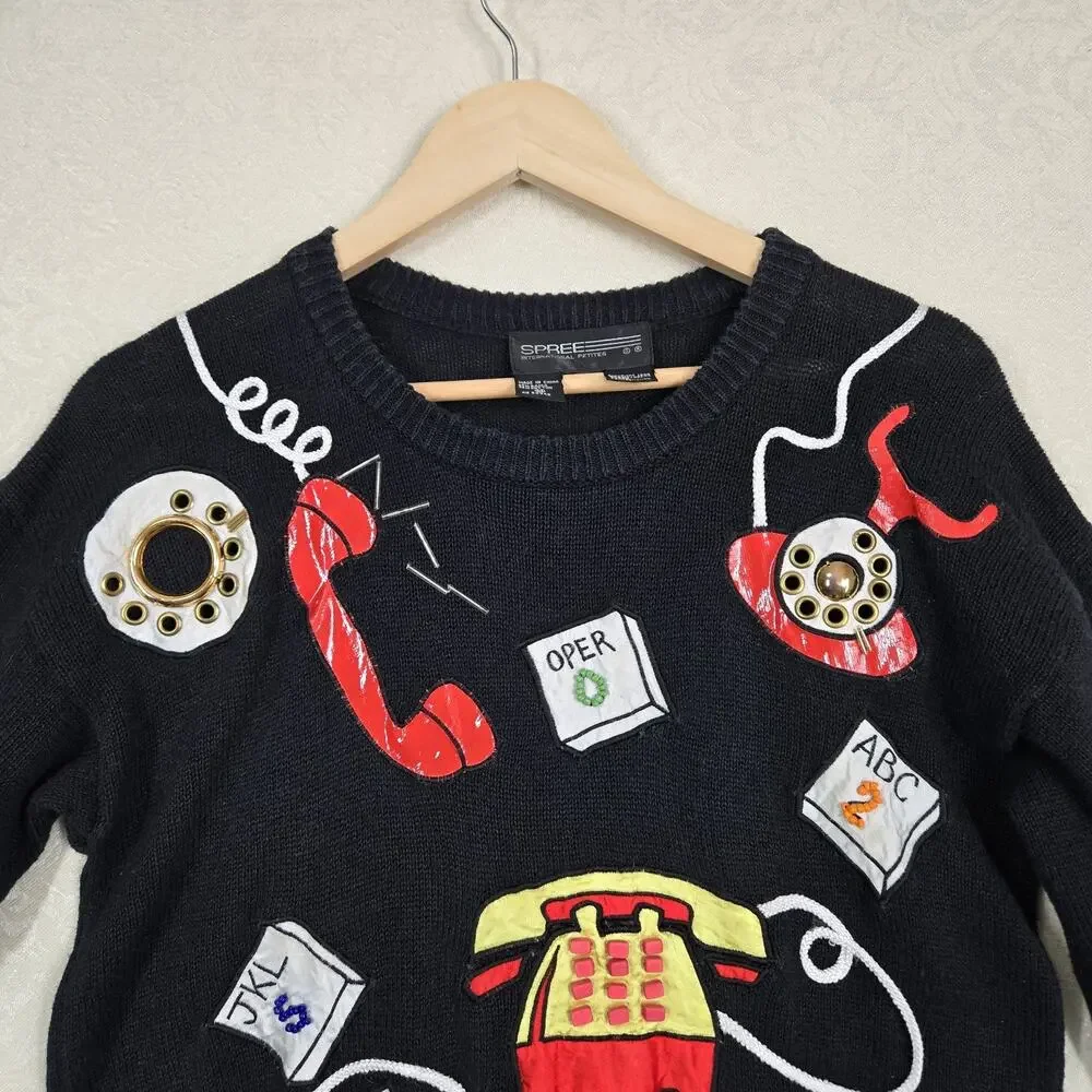 Vintage 90s Novelty Telephone Sweater M Black Graphic Knit Art Teacher